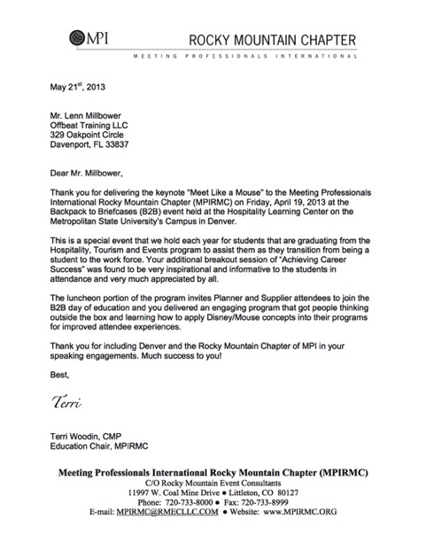 Disney Keynote Speaker MPIRMC Recommendation Letter